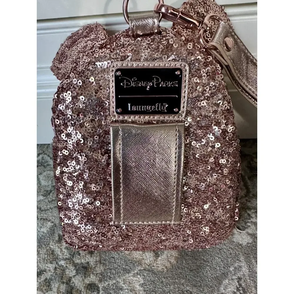 Loungefly Disney Parks Sequined Rose Gold Minnie Mouse Ears Backpack Wristlet